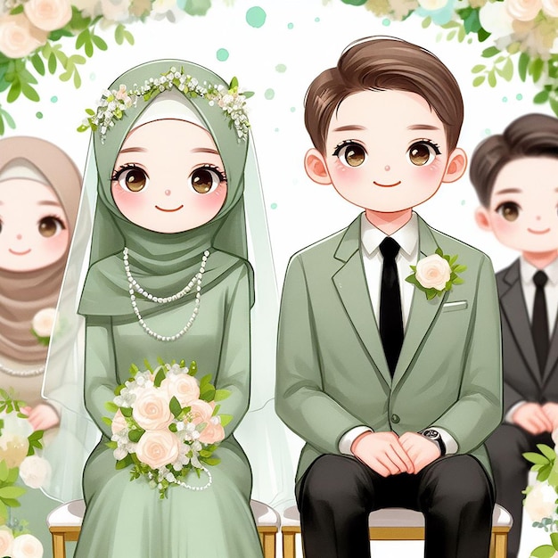 illustrazione ad acquerello di una coppia di sposi musulmani in costumi verdi