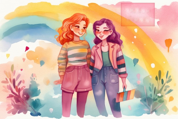 Illustrazione ad acquerello di una donna lesbica per il mese dell'orgoglio con intelligenza artificiale generativa