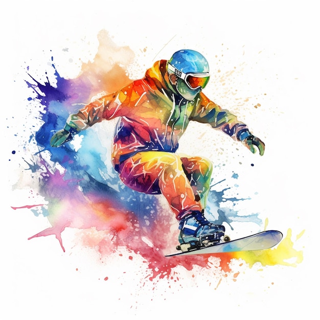 Illustrazione ad acquerello di una donna su uno snowboard