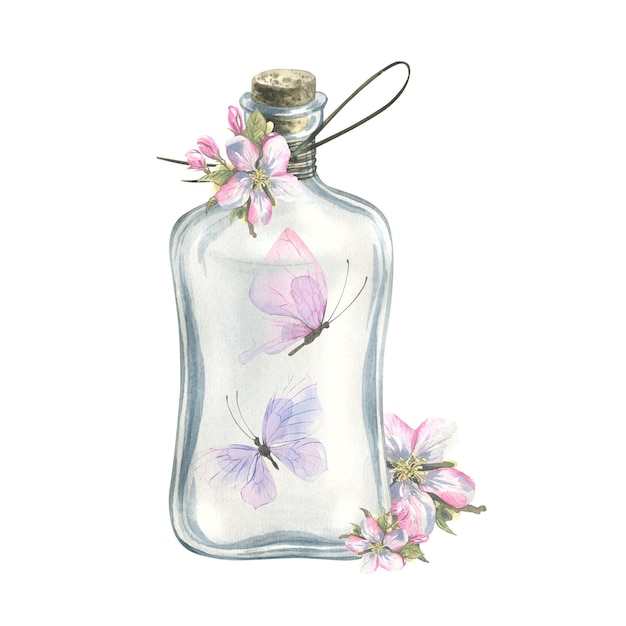 Illustrazione ad acquerello di una farfalla in una bottiglia di vetro con fiori di melo nei toni del rosa e lilla Una composizione delicata per la decorazione e il design di souvenir poster cartoline stampe