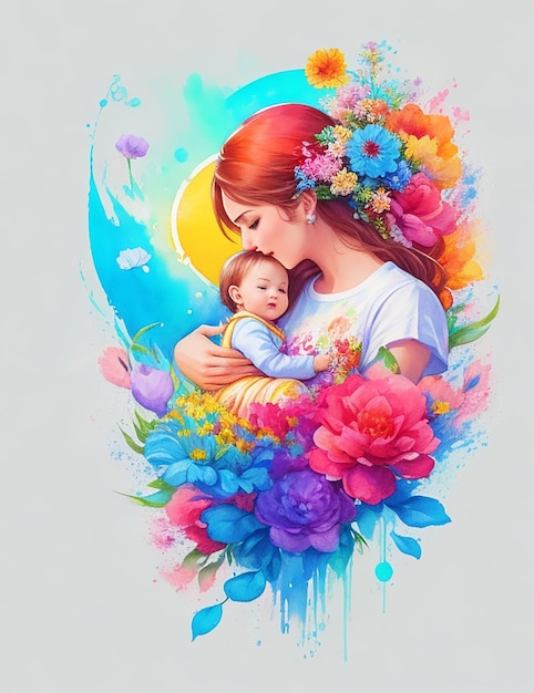Illustrazione ad acquerello di una madre che tiene in braccio un bambino carino con uno spruzzo di fiori colorati