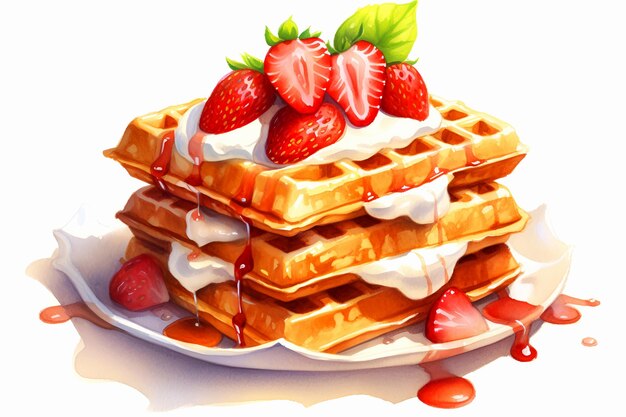 Illustrazione ad acquerello di una pila di deliziosi waffle con sciroppo di panna e fragola