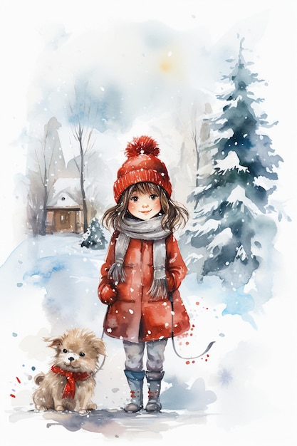 Illustrazione ad acquerello di una ragazza d'inverno che porta a spasso un cucciolo all'aperto Disegno di cartolina di Natale