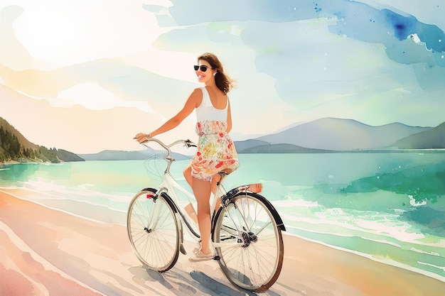 Illustrazione ad acquerello di una ragazza in bicicletta sulla costa del mare IA generativa