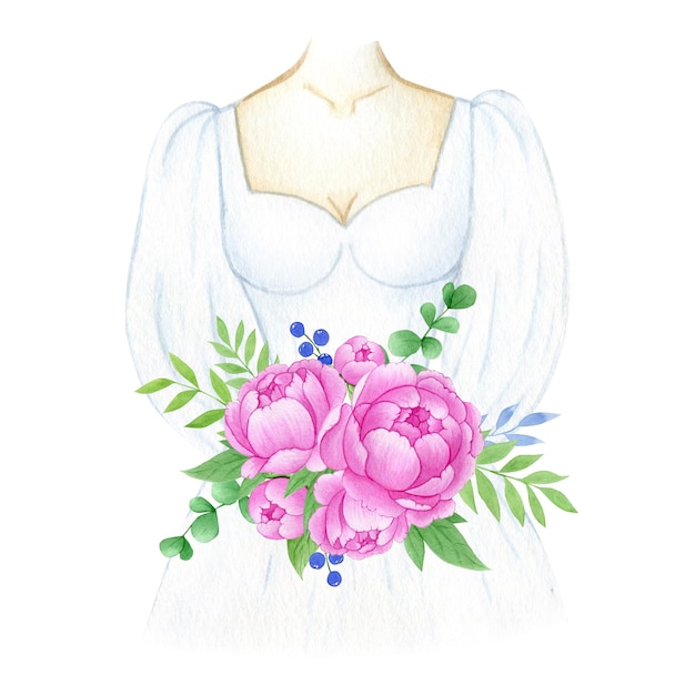 Illustrazione ad acquerello di una sposa in abito bianco con un bouquet di peonie