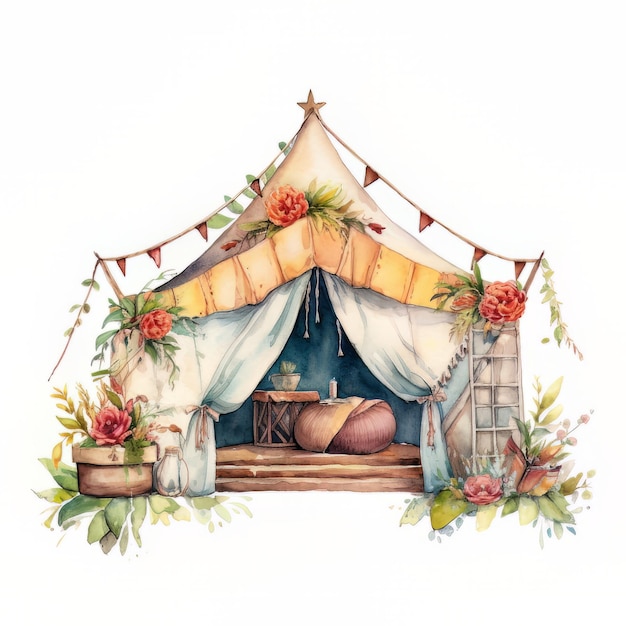 Illustrazione ad acquerello di una tenda con fiori Illustrazione disegnata a mano