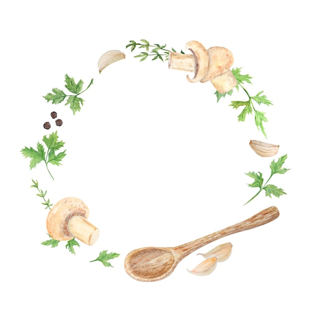 Illustrazione ad acquerello di zuppa di funghi Champignon Illustrazione botanica Cornice di pittura alimentare