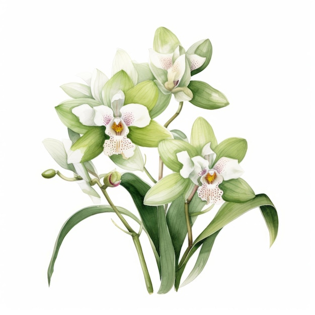 Illustrazione ad acquerello disegnata a mano di orchidee bianche e verdi