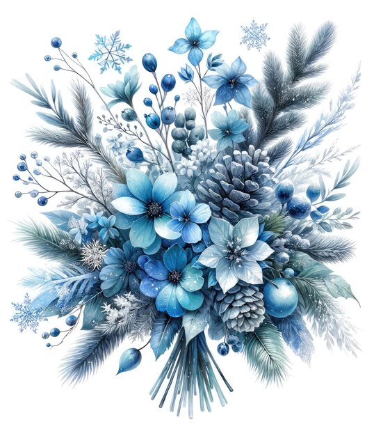 Illustrazione ad acquerello disegnata a mano di un bouquet di fiori invernali