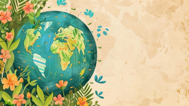 illustrazione ad acquerello Giornata internazionale della Madre Terra pianeta terra fiori e piante verdi sfondo chiaro stile vintage copia spazio per il testo