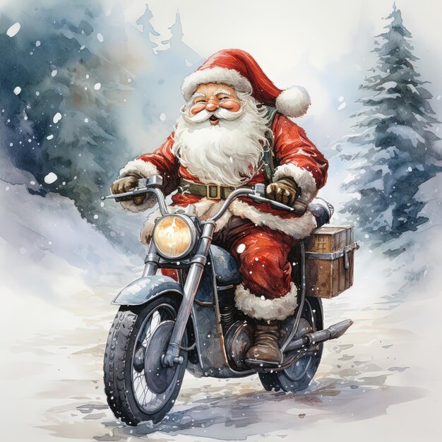 Illustrazione ad acquerello natalizio del Babbo Natale in bicicletta