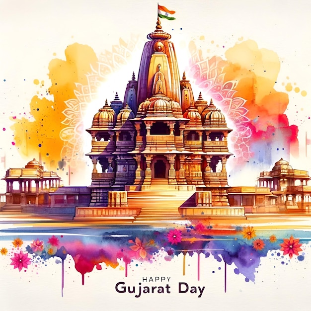 Illustrazione ad acquerello per il giorno del Gujarat con una scena di un bellissimo tempio