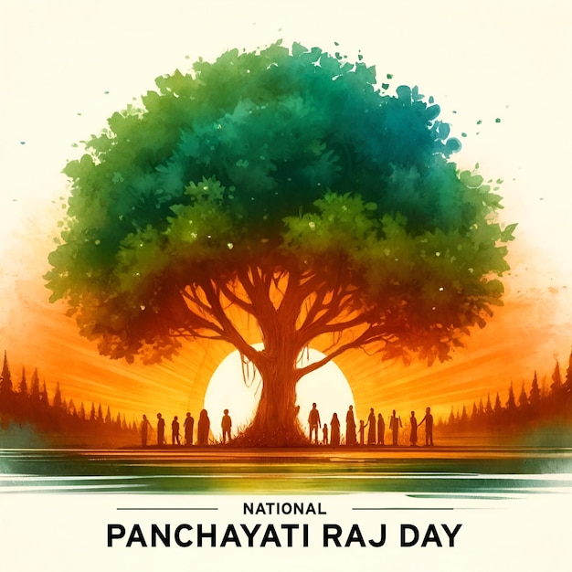 Illustrazione ad acquerello per la giornata nazionale del panchayati raj con un grande albero