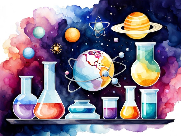 Illustrazione ad acquerello per la Giornata nazionale della scienza con simboli scientifici