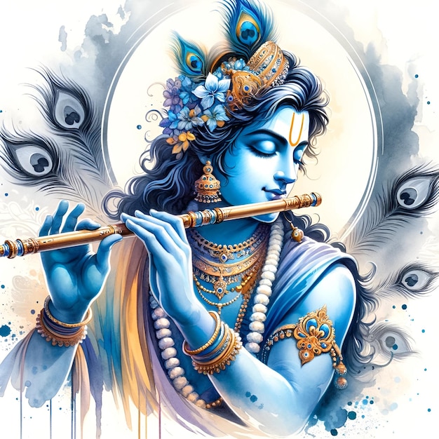 Illustrazione ad acquerello per Vishu con un giovane signore Krishna con un flauto
