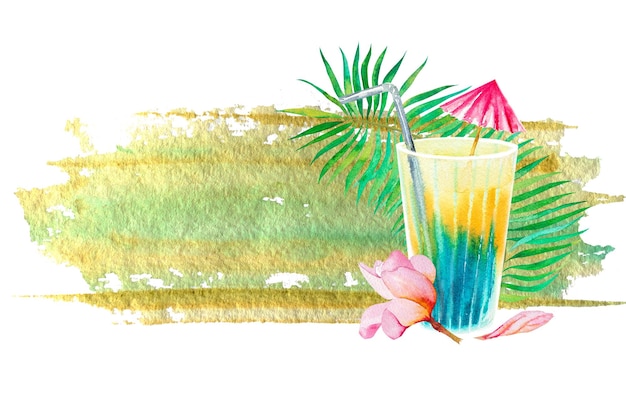 Illustrazione ad acquerello su un tema tropicale Disegnare una bevanda multicolore in un bicchiere e un fiore hawaianoHawaii