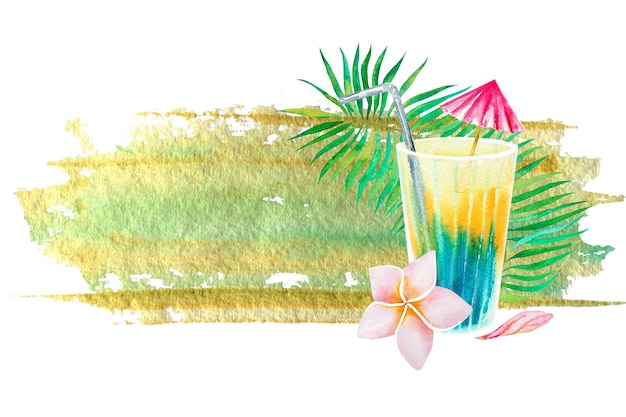 Illustrazione ad acquerello su un tema tropicale Disegnare una bevanda multicolore in un bicchiere e un fiore hawaianoHawaii
