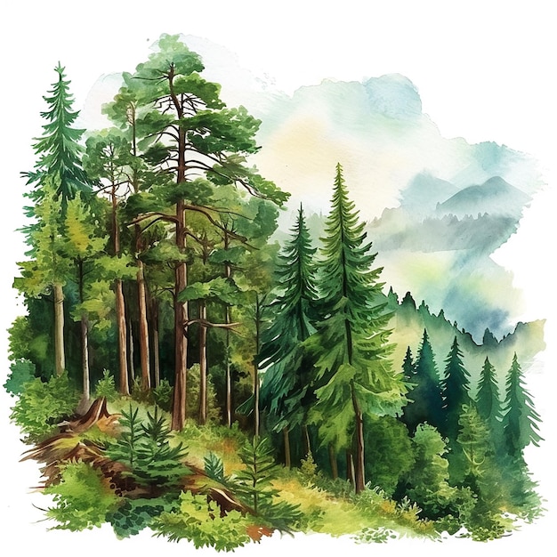 Illustrazione ad acquerello sullo sfondo bianco in stile cartone animato per la Giornata internazionale delle foreste