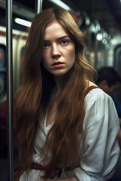 Illustrazione AI generativa Bella ragazza con i capelli lunghi nella metropolitana di New York