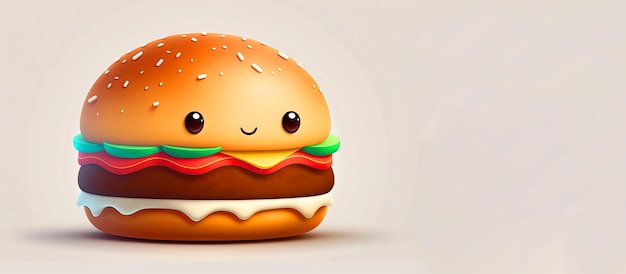 Illustrazione AI generativa Carattere divertente hamburger Allegro fast foodIsolare su sfondo bianco Posto per il testo