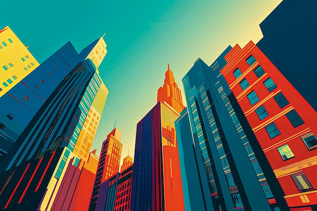 Illustrazione AI generativa degli edifici di New York visti dal basso in colori vivaci