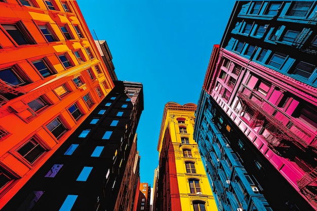 Illustrazione AI generativa degli edifici di New York visti dal basso in colori vivaci