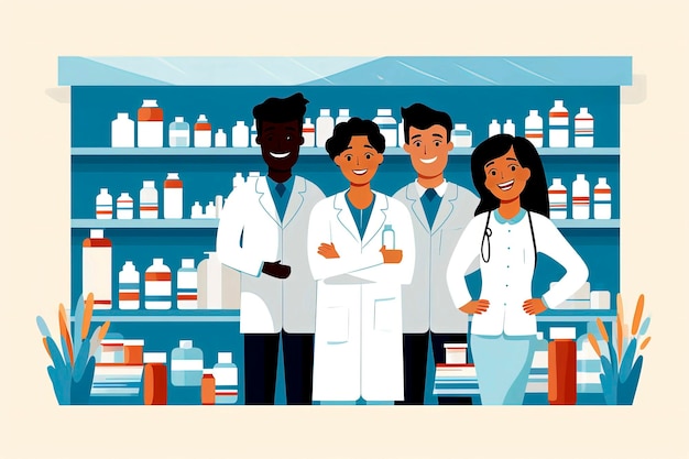 Illustrazione AI generativa dei farmacisti in farmacia che vendono medicinali in stile illustrativo minimalista Concetto di salute