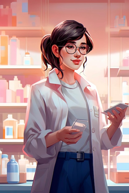 Illustrazione AI generativa dei farmacisti in farmacia che vendono medicinali in stile illustrativo minimalista Concetto di salute