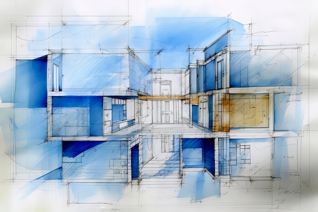 Illustrazione AI generativa dei piani di costruzione della casa disegnati con acquerelli colorati visualizzati