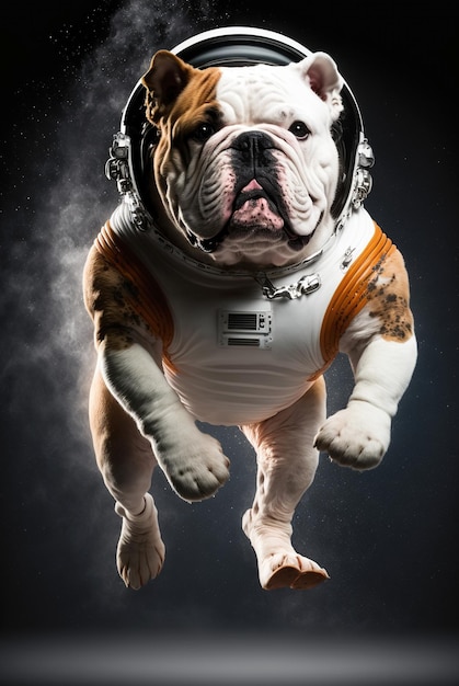 Illustrazione AI generativa del cane bulldog inglese vestito da astronauta