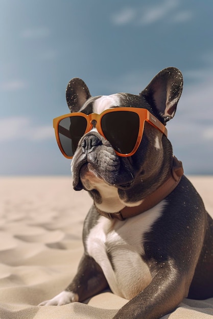 Illustrazione AI generativa del cane Bulldog seduto sulla sabbia in spiaggia in vacanza indossando occhiali da sole