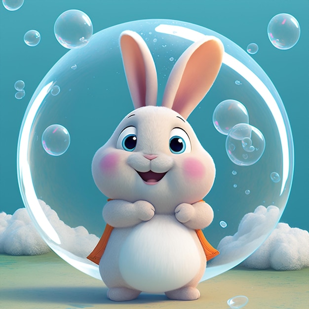 Illustrazione ai generativa del coniglietto felice divertente del fumetto che gioca a bolle