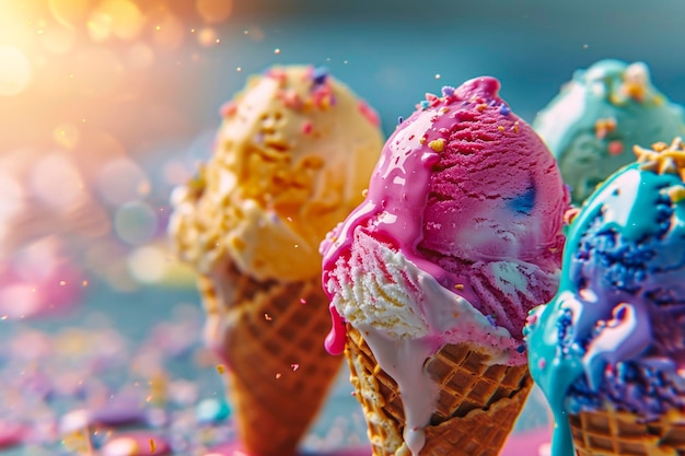 Illustrazione AI generativa del cono gelato di vari gusti