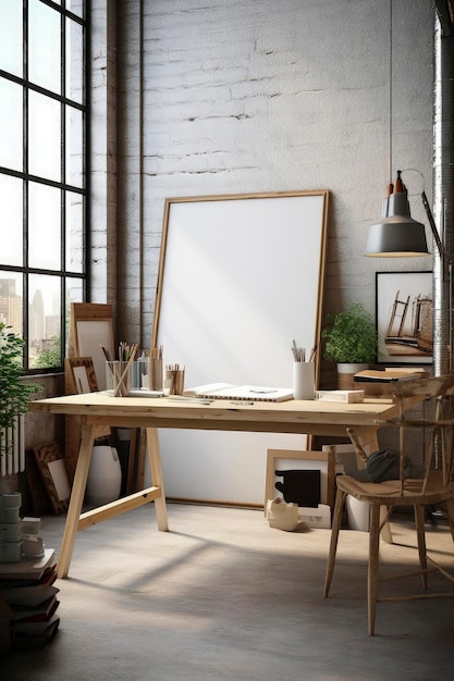 Illustrazione AI generativa del mockup Frame bianco appoggiato su un tavolo in uno studio d'arte con luce naturale