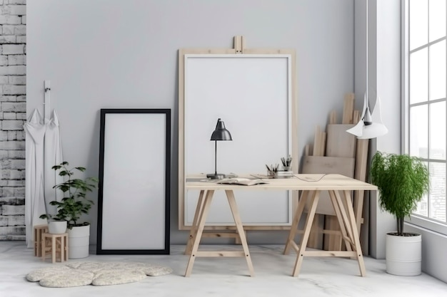 Illustrazione AI generativa del mockup Frame bianco appoggiato su un tavolo in uno studio d'arte con luce naturale