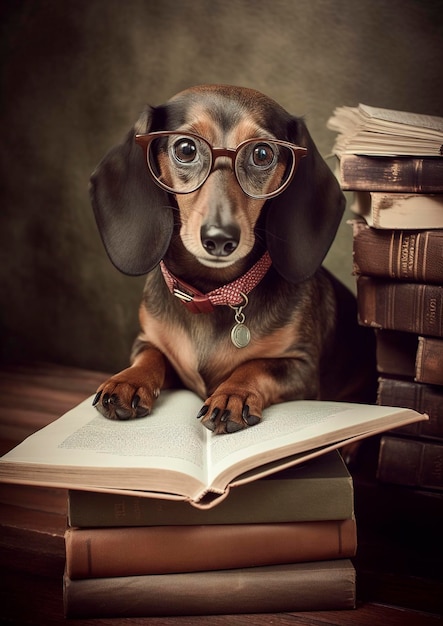 Illustrazione AI generativa del simpatico cane dachshund con gli occhiali e un libro che impara a scuola