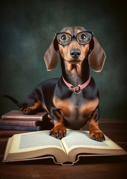 Illustrazione AI generativa del simpatico cane dachshund con gli occhiali e un libro che impara a scuola