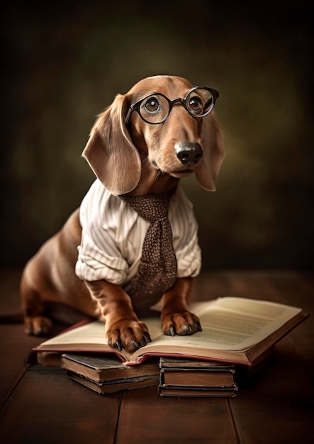 Illustrazione AI generativa del simpatico cane dachshund con gli occhiali e un libro che impara a scuola