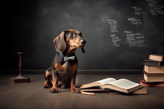 Illustrazione AI generativa del simpatico cane dachshund con gli occhiali e un libro che impara a scuola