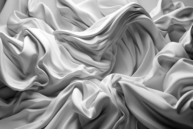 Illustrazione AI generativa del tessuto satinato bianco puro che fluttua nell'aria dall'alto vista con movimento su sfondo bianco