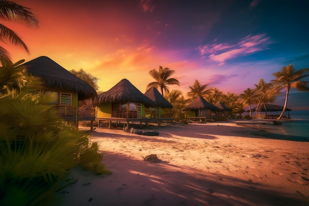 Illustrazione AI generativa dell'esterno del resort sulla spiaggia tropicale in riva al mare con tipica costruzione colorata