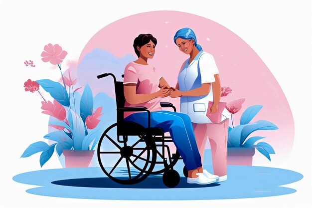 Illustrazione AI generativa dell'infermiere che si prende cura di una donna anziana in sedia a rotelle in stile illustrazione vettoriale con concetto di salute in colori pastello Arte digitale