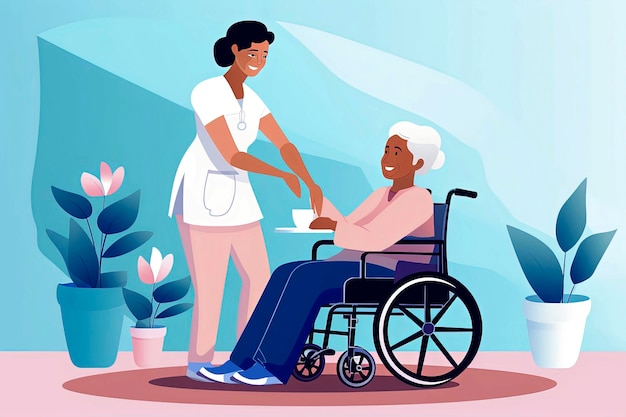 Illustrazione AI generativa dell'infermiere che si prende cura di una donna anziana in sedia a rotelle in stile illustrazione vettoriale con concetto di salute in colori pastello Arte digitale