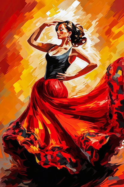 Illustrazione AI generativa della ballerina di flamenco sullo sfondo del paesaggio andaluso Illustrazione dello stile tipico spagnolo