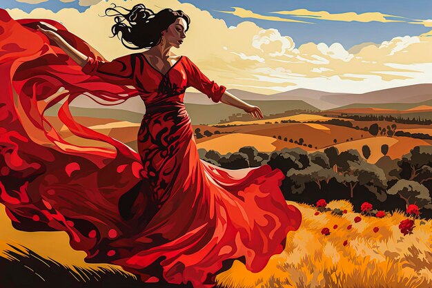 Illustrazione AI generativa della ballerina di flamenco sullo sfondo del paesaggio andaluso Illustrazione dello stile tipico spagnolo