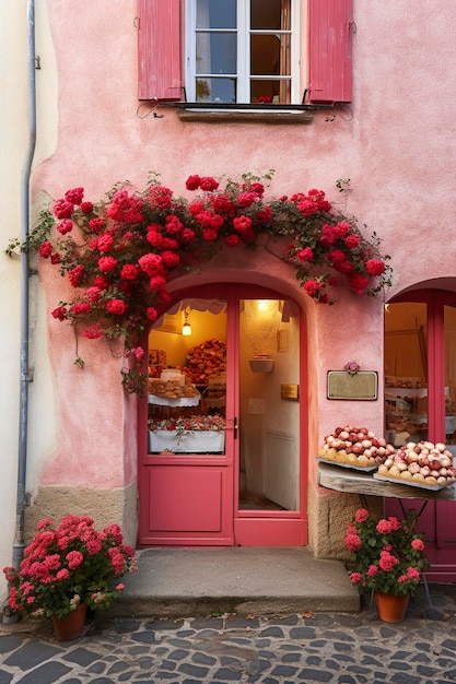 Illustrazione AI generativa della facciata rosa romantica con rose alla porta