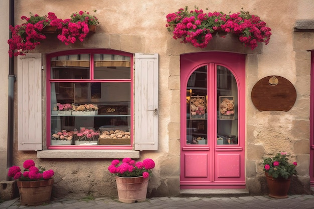 Illustrazione AI generativa della facciata rosa romantica con rose alla porta