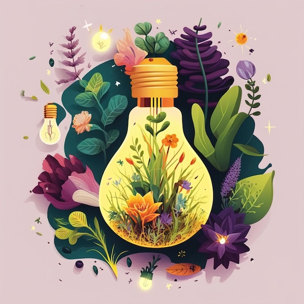 Illustrazione AI generativa della lampadina con fiori colori piatti