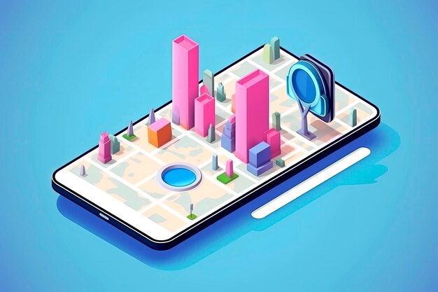 Illustrazione AI generativa della navigazione del percorso della mappa della città online su smartphone con localizzatore di punti Pianta isometrica della città con strade ed edifici