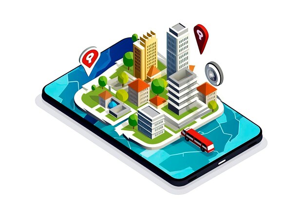 Illustrazione AI generativa della navigazione del percorso della mappa della città online su smartphone con localizzatore di punti Pianta isometrica della città con strade ed edifici